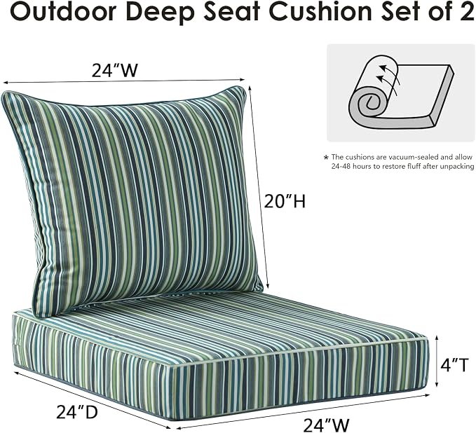 Unimatta Sunbrella Outdoor Patio Chair Cushions Set, 24" x 24", Set of 2, Water-Repellent, Fade Resistant, Deep Seat Cushion for Backyard, Couch, Sofa and Patio Furniture, Troupe Caribbean