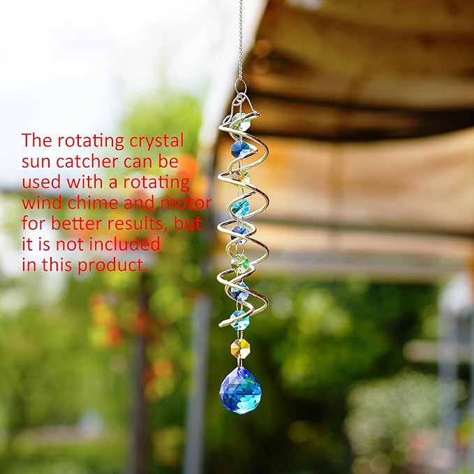 20.5in Sea Blue Crystal Gazing Ball Spiral Wind Spinner Suncatcher | Sea Blue Crystal Gazing Ball Spiral Wind Spinner Rainbow Maker Sun Catcher with Chain for Indoor Outdoor Garden Decor