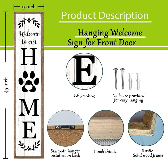Welcome To Our Home Sign For Front Porch Standing 45"X9" Wooden Framed Dog Paw Welcome Print Large Farmhouse Rustic Long Outdoor Tall Vertical Home Front Door Wall Decor (Wood White)