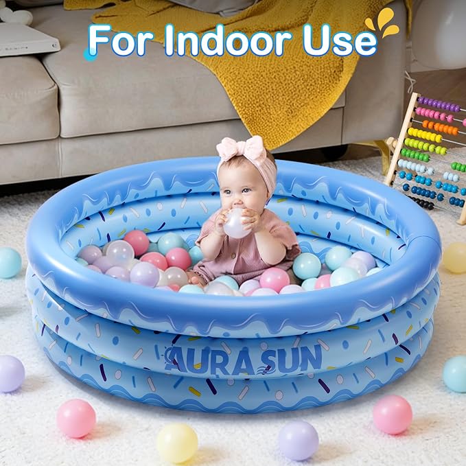 Inflatable Baby Pool Small Kiddie Swimming Pool, 3 Rings Round Pad Pool for Kids & Toddler, 48"X12" Portable Indoor Ball Pit Toys, Outdoor Water Play for Girl/Boy (Blue)