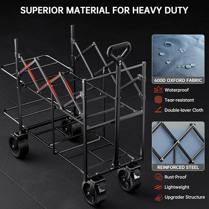 Double Decker Collapsible Wagon with Brakes,Compact with Tailgate | Big All-Terrain Wheels , 2-Tier for Camping Gear, Sports, Groceries, Shopping, Garden & Outdoor Use,Light Blue