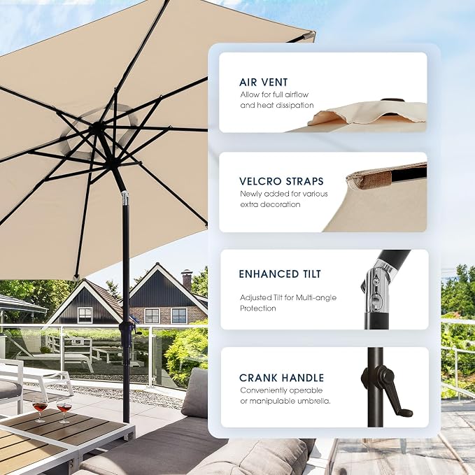 wikiwiki 10FT Patio Umbrella with Base, Outdoor Umbrellas with Base Included, 8 Sturdy Ribs, Waterproof Fade Resistant POLYESTER DTY Canopy for Deck, Lawn, Garden, Backyard & Pool, Beige