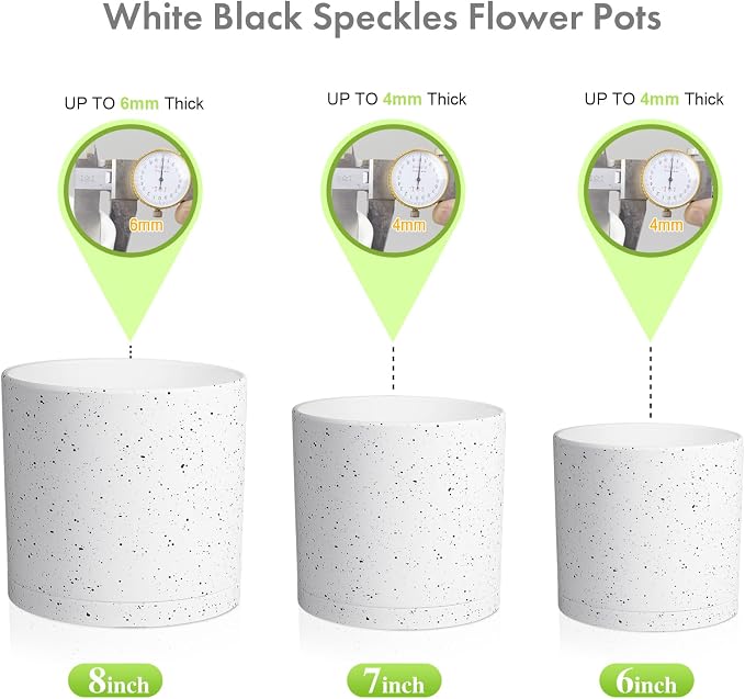 Meowell 8/7/6 inch Flower Pots, 3 Set Cylindrical Plant Pots for Outdoor Indoor Plants, Decorative Plastic Planters with Drainage Holes and Saucers for Garden House Plants, White with Black Speckles