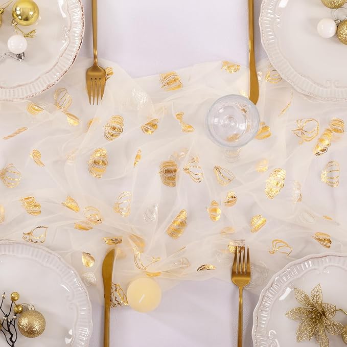 Socomi Gold Table Runner Fall Pumpkin Gauze Sheer Chiffon Cheesecloth Sequin 10FT Glitter Metallic Foil Dining Wedding Birthday Party Baby Shower Holiday Centerpiece Table Decor 3pcs Beige