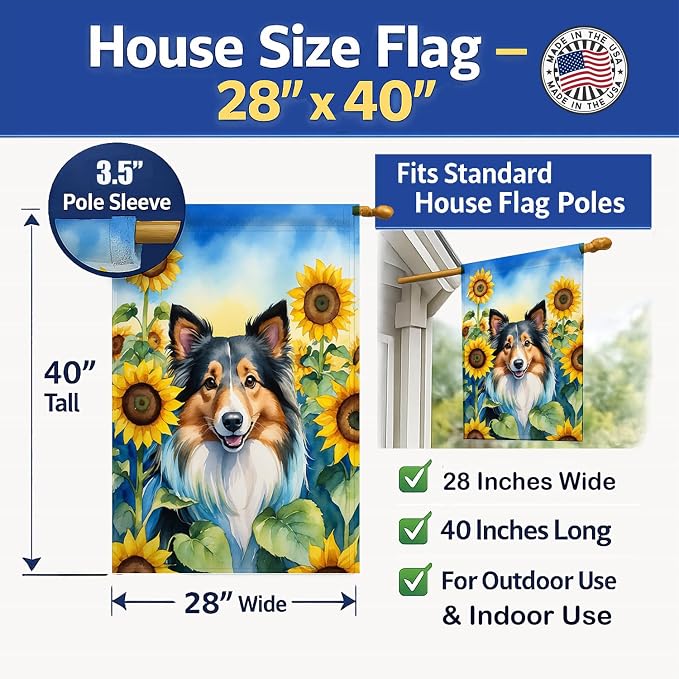 Caroline's Treasures DAC6160CHF Sheltie in Sunflowers House Flag Large Porch Sleeve Pole Decorative Outside Yard Banner Artwork Wall Hanging, Polyester, House Size, Multicolor