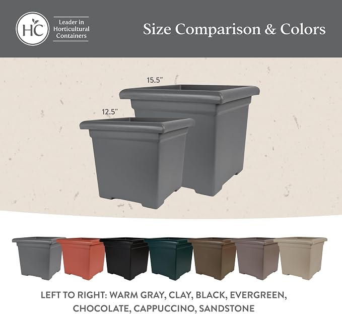 The HC Companies 15.5 Inch Accent Square Plant Pots with Drainage, Lightweight UV-Resistant Plastic Planters for Indoor & Outdoor Plants, 2-Pack Flower Pots for Garden, Office & Home Decor, Chocolate