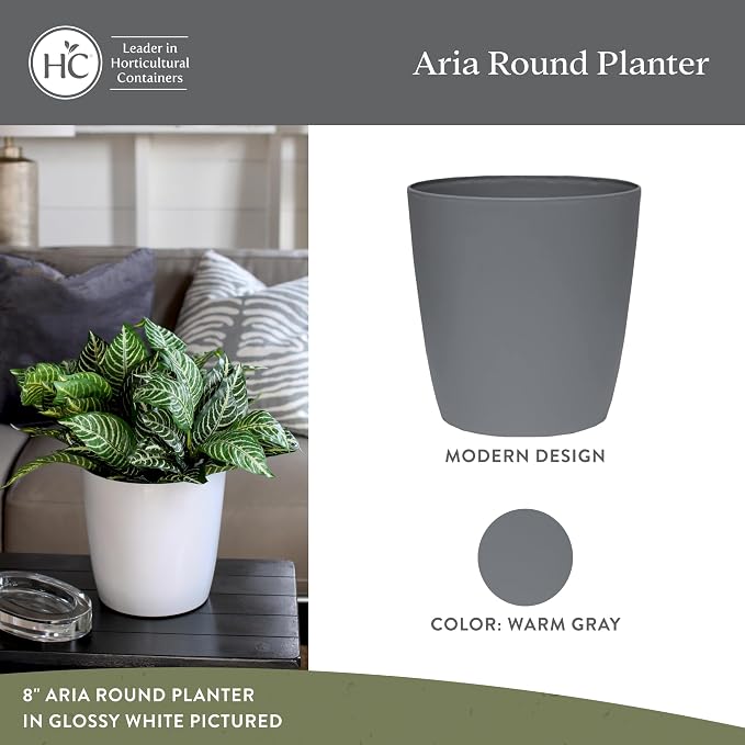 The HC Companies Aria Round Self-Watering Pot - Lightweight Plastic Planter for Herbs & More - Durable Plant Pots for Indoor Plants & Outdoor Plants (6" Warm Gray, Pack of 2)