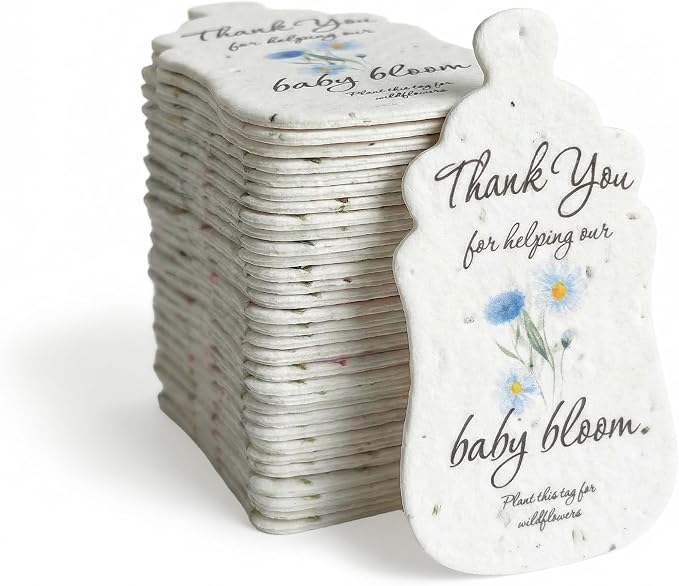 15pcs Blue Baby Bottle-Shaped Gift Tags with Wildflower Seeds - Writable Gift Wrap Tags for Baby Showers, Mother's Day Present, Party Favors, DIY Crafts, & Earth Day Decorations