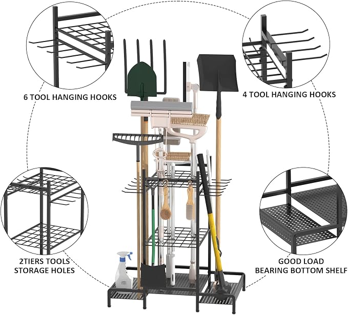 Organizer Yard Tool Storage Rack,Garden Organizer,Steel Yard Tool Racks To Store Long-Handled Tools,Tool Holder For Garden,Shed,Outdoor,Black