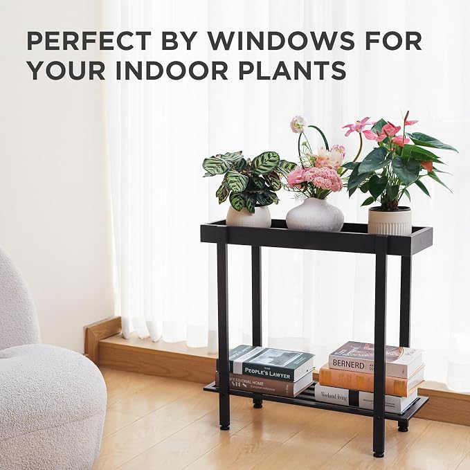 Honla Metal Plant Stand Indoor Outdoor,2 Tier Window Tall Plant Table Bench Shelf for Multiple Plants,26" L x 8.66" W x 24.40" H,Black