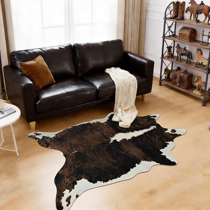 BENRON Small Faux Cowhide Rug, Cow Print Rug for Kitchen Hallyway 2.3x3.6ft | Western cow hide rug for Home Decor, Washable Rugs with Irregular Animal Skins and Hides, Non Slip, Brown