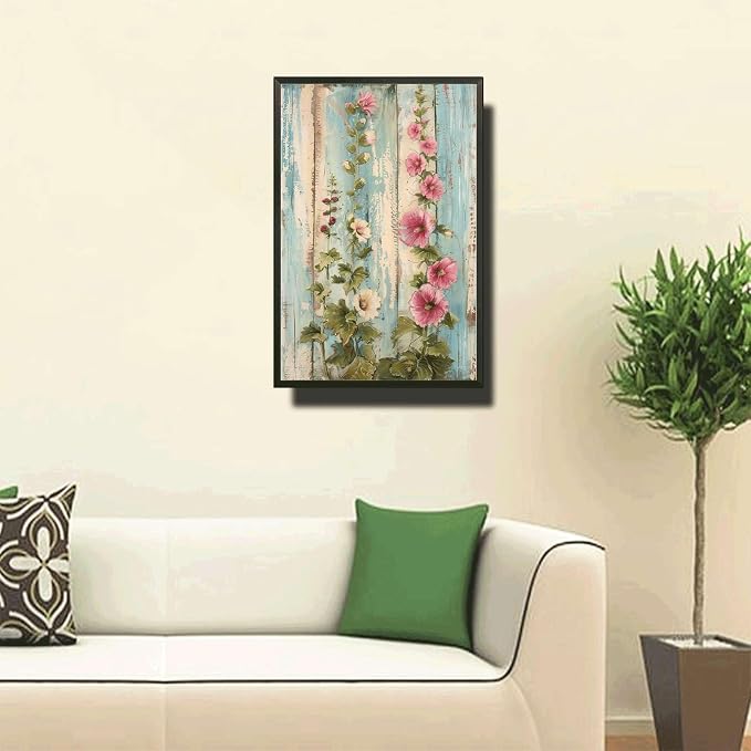 Metal Sign Tin Sign Vintage Wall Art Shabby Chic Hollyhocks Tin Sign for Rustic Grandeur Antique Artistry and Distressed Wood Surfaces Tin Sign for Home Decor 8×12 Inches with Metal Frame