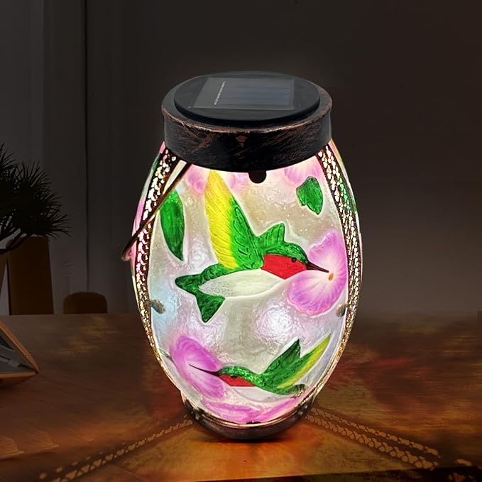 Hummingbird Solar Lanterns Glass & Metal Hanging Solar Lantern Outdoor Waterproof 13.8" H Tabletop Light for Garden Patio Table Decor Mother's Day Gift