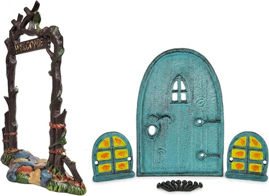 Lulu Decor, 100% Cast Iron Fairy Garden Decor Set Fairy Garden Accessories Including Branch Style Welcome and Fairy Door with Window