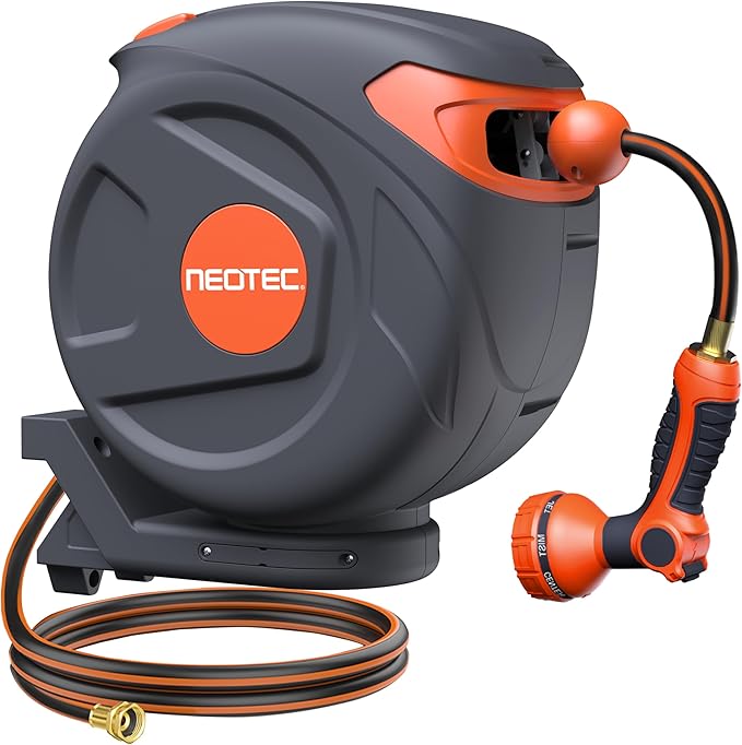 New Retractable Garden Hose Reel 5/8 inch x 50 ft 9 Pattern Nozzle Heavy Duty Wall-Mounted 180° Swivel Any Length Lock Automatic Slow Return UV Resistant Hose Reels for Outside
