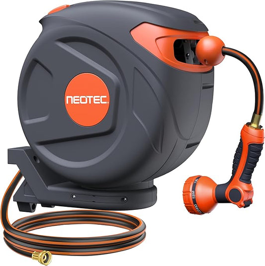 New Retractable Garden Hose Reel 5/8 inch x 50 ft 9 Pattern Nozzle Heavy Duty Wall-Mounted 180° Swivel Any Length Lock Automatic Slow Return UV Resistant Hose Reels for Outside