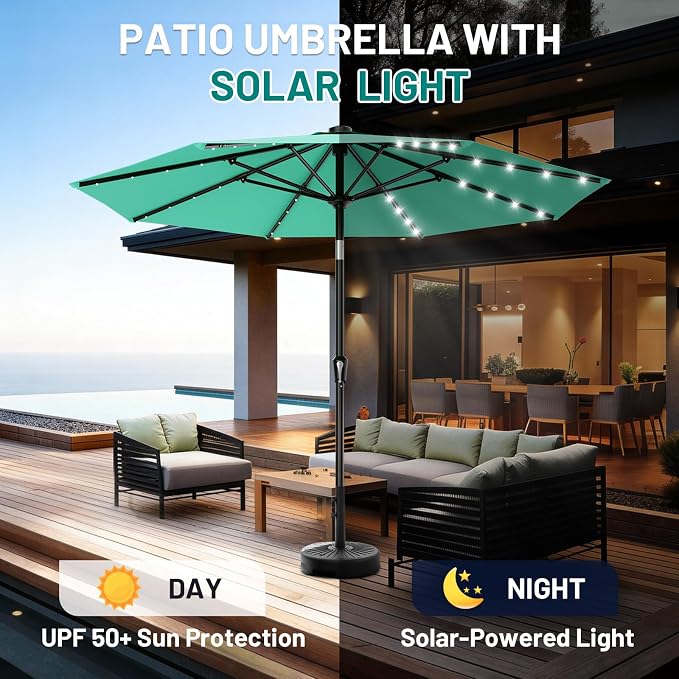 AreShark 9FT Patio Umbrella with Solar Lights, 32 Lighted Pool Umbrella w/Tilt and Crank, Outdoor Market Solar Umbrellas for Garden, Deck, Backyard, Pool and Beach, Cerulean