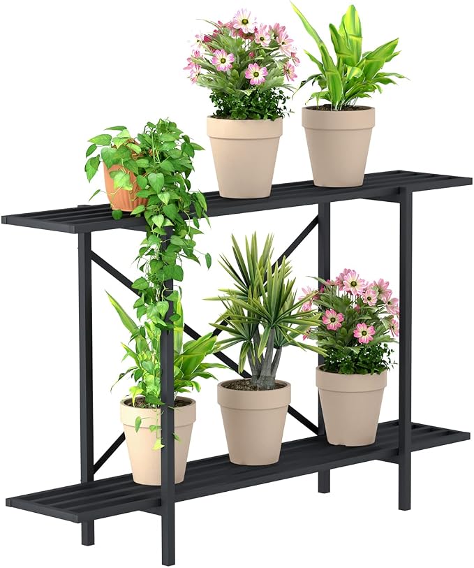 Zhongma 2 Tier Window Height Metal Sturdy Heavy Plant Stand, Narrow Plant Stand Indoor and Outdoor, L45.67 x W10.3 x H27.5 inch, 440 LBS Capacity & Heavy Duty Construction. …