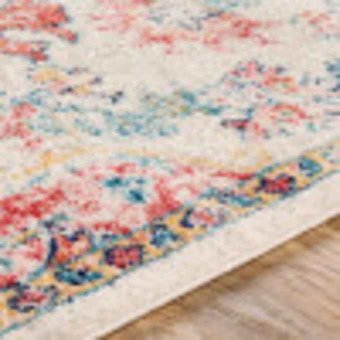 Livabliss Area Rugs - 7x9 Odelia Vintage Boho Red Off-White Blue Area Rug for Living Room Bedroom - Floral Medallion Stain Resistant Carpet for Kitchen, Nursery, Office (6'7" x 9')
