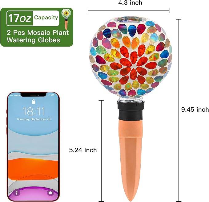 VOREEN Mosaic Plant Watering Globes with Terracotta Watering Spikes, 17oz Glass Self Watering Globes for Indoor & Outdoor Potted Plants, Decorative Water Drippers, Set of 2