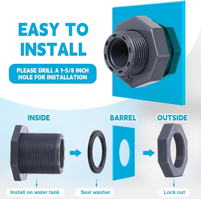 4 Pcs 3/4 Inch Bulkhead Fitting PVC Water Tank Connector Plumbing Pipe Threaded Bulkhead Fitting NPT for Rain Barrels, Water Tanks, Aquariums, Tubs, Pools