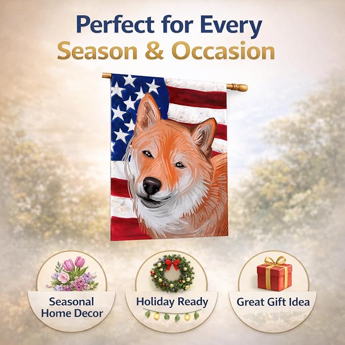 Caroline's Treasures CK6704CHF Shiba Inu Dog American Flag House Flag Large Porch Sleeve Pole Decorative Outside Yard Banner Artwork Wall Hanging, Polyester, House Size, Multicolor