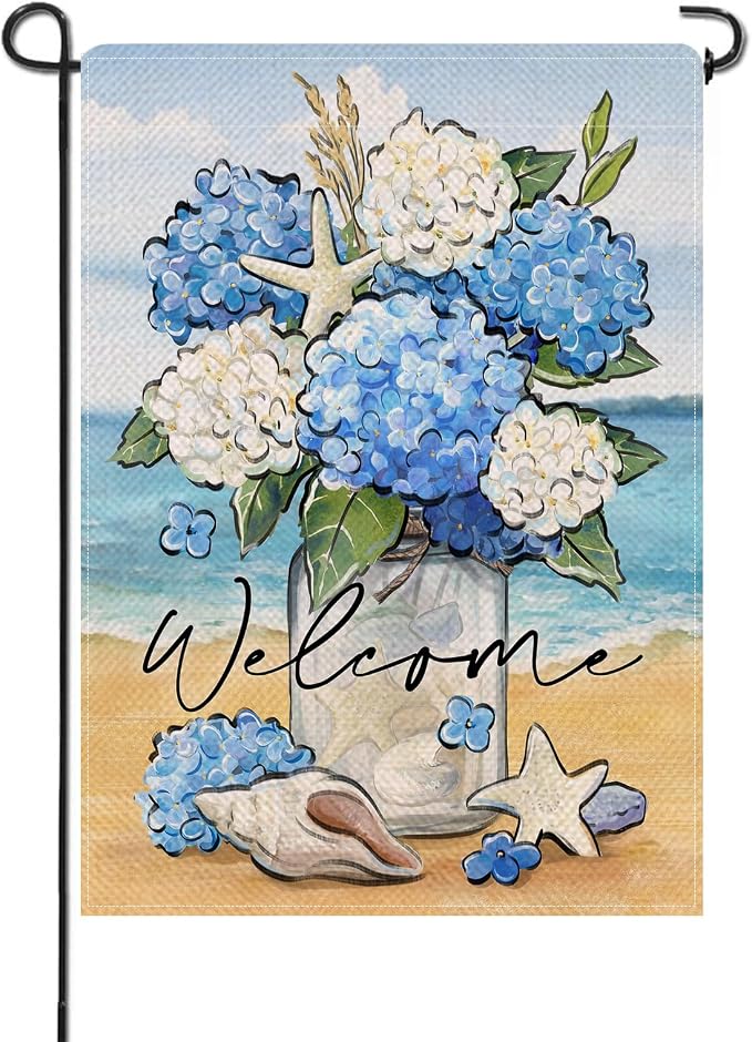 Artofy Welcome Spring Summer Flower Small Decorative Garden Flag, Hydrangea Floral Mason Jar Beach Coastal Yard Lawn Outside Decor, Nautical Conch Starfish Outdoor Home Decoration Double Sided 12 x 18