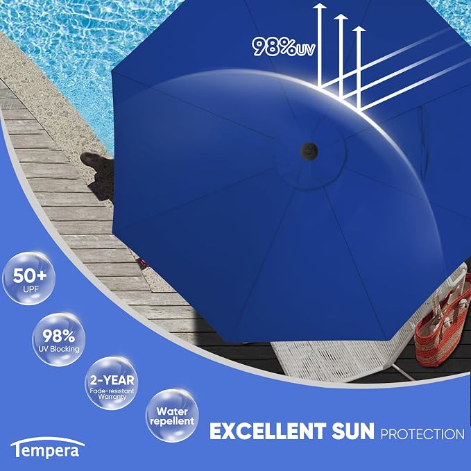 Tempera Patio Market Outdoor Table Umbrella with Auto Tilt and Crank, Large Sun Umbrella with Sturdy Pole & Fade Resistant Canopy, Easy to Set