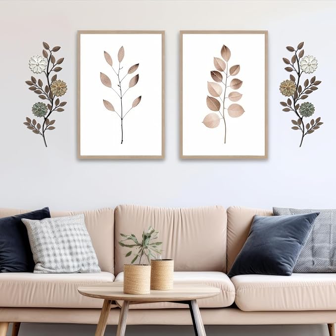 MorningRo 2 Pcs Metal Flower Leaves Wall Art Spring Wall Decor Living Room, 15.75 Inch Vintage Rustic Branch Leaf Wrought Iron Scroll Art Decor for Summer Bedroom Indoor Outdoor Decorations(Brown)