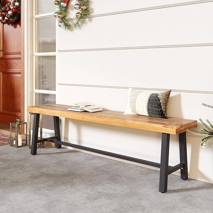 HAPPYGRILL Outdoor Acacia Wood Bench Set of 2, 63"/160 CM Long Patio Garden Dining Bench Seats up to 3 Persons, Porch Bench for Outdoors Garden, Porch, Yard, 800 LBS/360 KG Weight Capacity