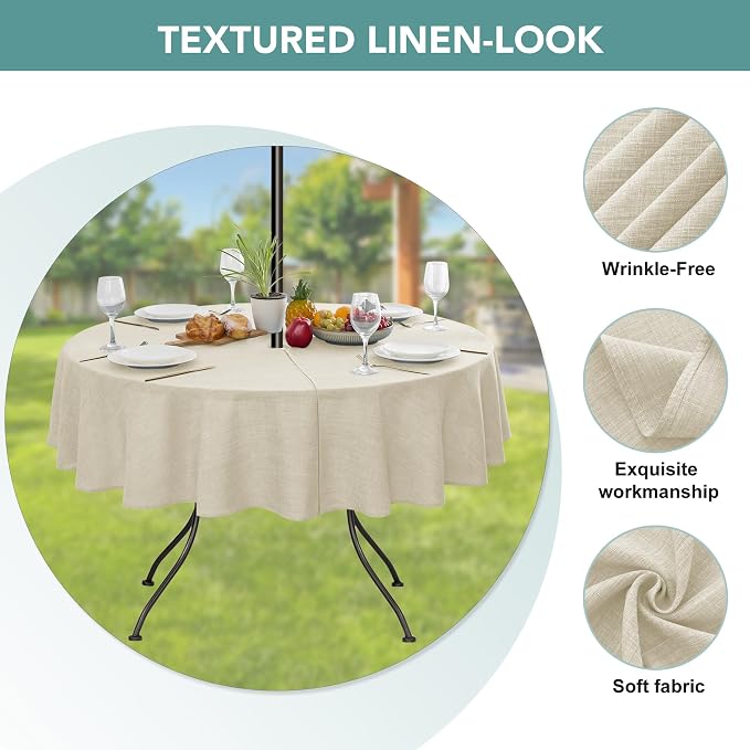 LUSHVIDA Outdoor Tablecloth with Umbrella Hole - Patio Table Cloth Zippered Round 60 Inch, Beige Linen-Look Polyester Table Cover Water Resistant for Picnic Outside