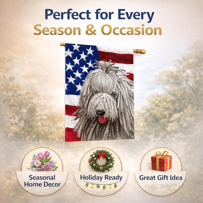 Caroline's Treasures CK6594CHF Komondor American Flag House Flag Large Porch Sleeve Pole Decorative Outside Yard Banner Artwork Wall Hanging, Polyester, House Size, Multicolor