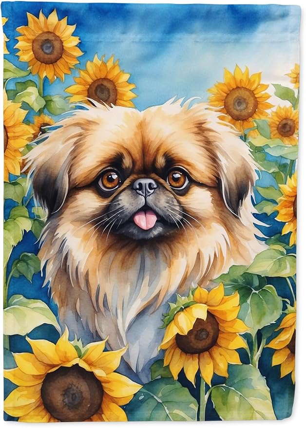 Caroline's Treasures DAC6132CHF Pekingese in Sunflowers House Flag Large Porch Sleeve Pole Decorative Outside Yard Banner Artwork Wall Hanging, Polyester, House Size, Multicolor