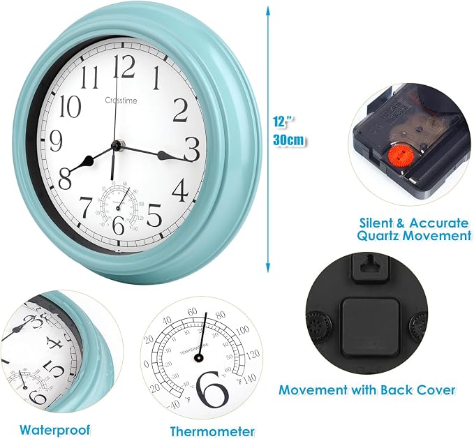 Crosstime 12 Inch Outdoor Clock Waterproof with Thermometer,Vintage Indoor Outdoor Wall Clocks for Patio, Pool, Garden, Backyard, Bathroom Decor - Teal