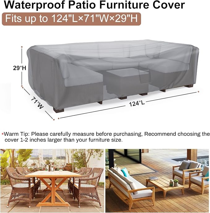 Mrrihand Heavy Duty Patio Furniture Covers, Outdoor Furniture Covers Waterproof Sectional Sofa Set, Patio Table and Chair Set Cover 124" L×71" W×29" H,Grey