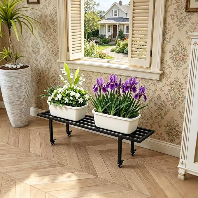Zhongma One Tier Metal Plant Stand with Wheels,(35.43 L x 8.66 W x 10.3 H) Heavy Duty Plant Holder for Home, Window,Garden, Plant Lovers, Display Stand