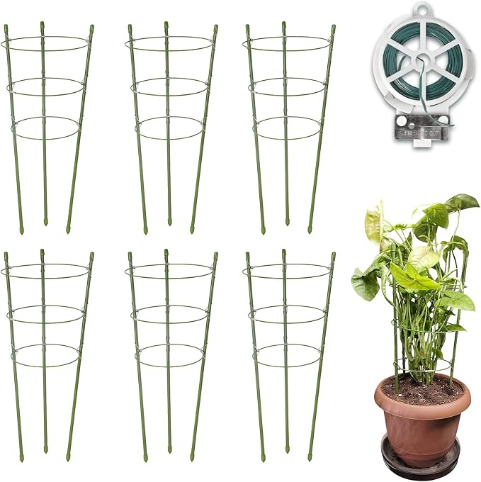 Garmeinea 6 Pack Plant Support Cages 18 Inches Small Tomato Cages and Supports with Adjustable Rings for Garden Pots, Climbing Plants, Bonus 98 Feet Twist Ties