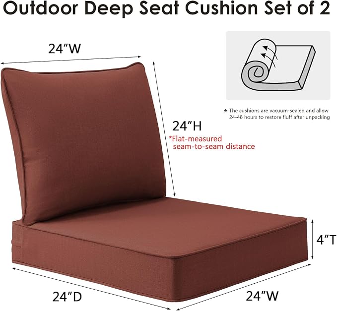 Unimatta Sunbrella Outdoor Patio Chair Cushions Set, 24" x 24"(24x24 Back), Set of 2, Water-Repellent, Fade Resistant, Deep Seat Bottom and Back Cushion for Backyard, Couch, Sofa, Canvas Henna