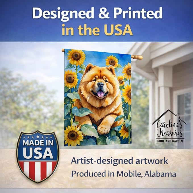 Caroline's Treasures DAC6055CHF Chow Chow in Sunflowers House Flag Large Porch Sleeve Pole Decorative Outside Yard Banner Artwork Wall Hanging, Polyester, House Size, Multicolor