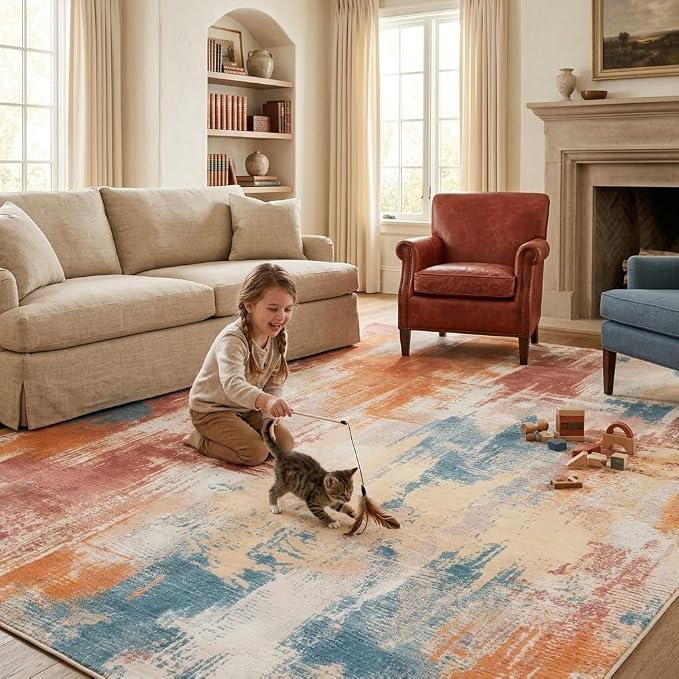 5x7 Terracotta Blue Beige Modern Abstract Brushstroke Area Rug | Washable non-slip low-pile faux cashmere rug for living rooms, bedrooms and home offices.