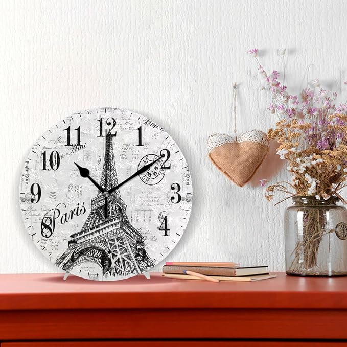 Paris Eiffel Tower Wall Clock, Silent Non Ticking 10 Inch Battery Operated Wall Clocks, Easy to Read Clock for Home Kitchen Living Room Bathroom Office Decor