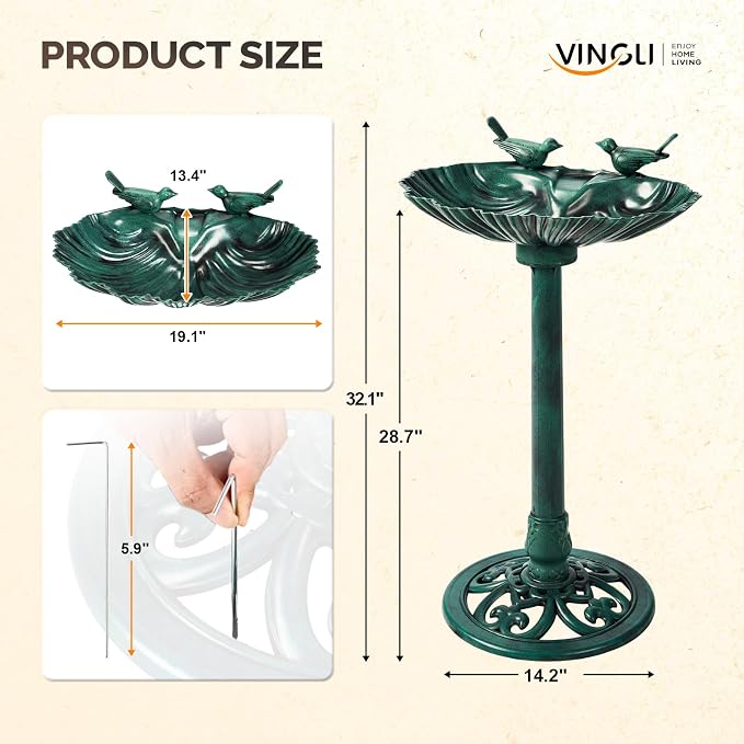 VINGLI Pedestal Bird Bath with Solar Fountain, Solar Pump Resin Birdbaths, Weather Resistant Bird Baths with Ground Stakes, Vintage Finish Garden Decor for Outdoor, Patio, Yard, Lawn(Green Shell)