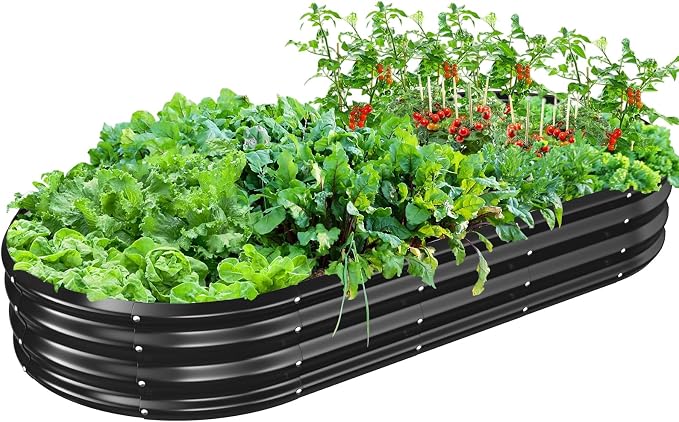TBMLC Oval Galvanized Planter Box, Metal Raised Garden Bed - 0.8MM Thick- Ideal for Outdoor Gardening and Planting of Vegetables Flowers Fruits Succulent Plants and Others (Black, 6X3X1 FT)