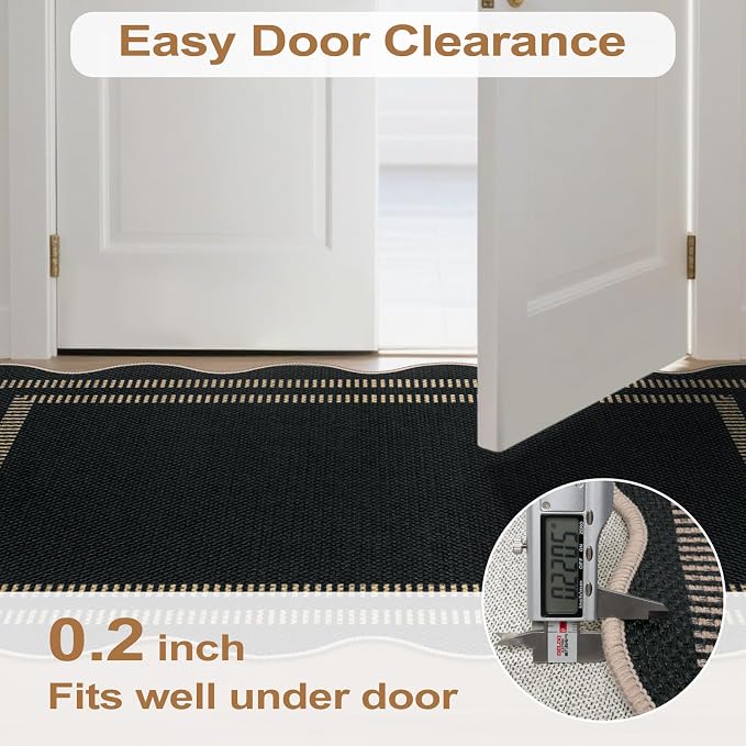 Scalloped Easy Jute Black Rug, 2.6x4 Front Door Washable Door Mat Non Slip Small Kitchen Area Rug, Farmhouse Low Pile Floor Rugs for Entryway Porch Doorway