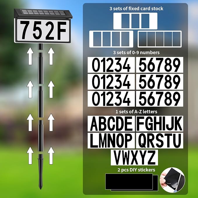 Solar Address Sign, Solar Lighted House Numbers for Outside, 3 Colors Waterproof Illuminated House Number Plaque With Stake, Wall Mounted or In Ground Solar Address Numbers for Yard Garden Street Home (Black, 1 Pack)
