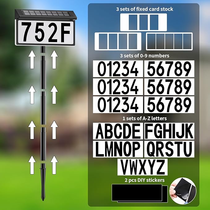 Solar Address Sign, Lighted House Numbers for Outside, 3 Colors Waterproof Illuminated House Number Plaque With Stake, Wall Mounted or In Ground Solar Address Numbers for Yard Garden Street Home (Black, 2 Pack)