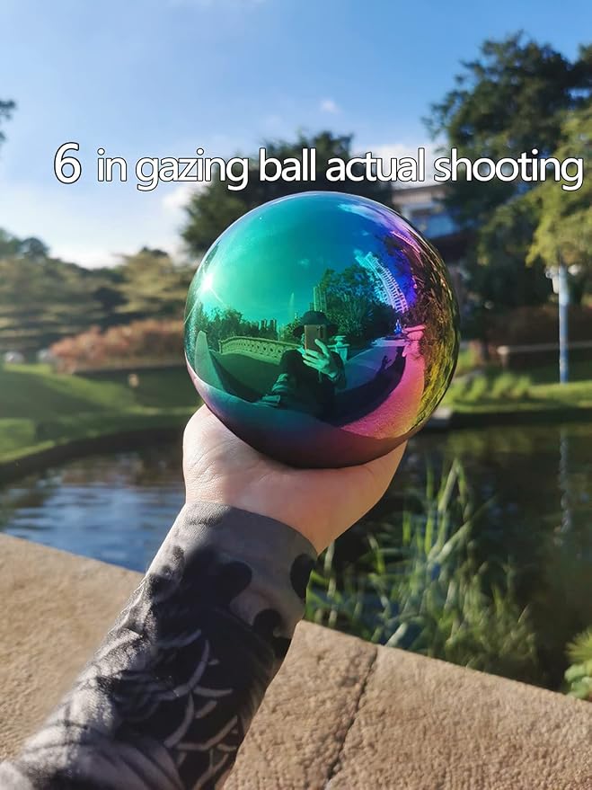 Rainbow Gazing Globe Mirror Ball, Metal Shiny Hollow Sphere Sparkling Housewarming Outdoor Ornament (6 Inch)