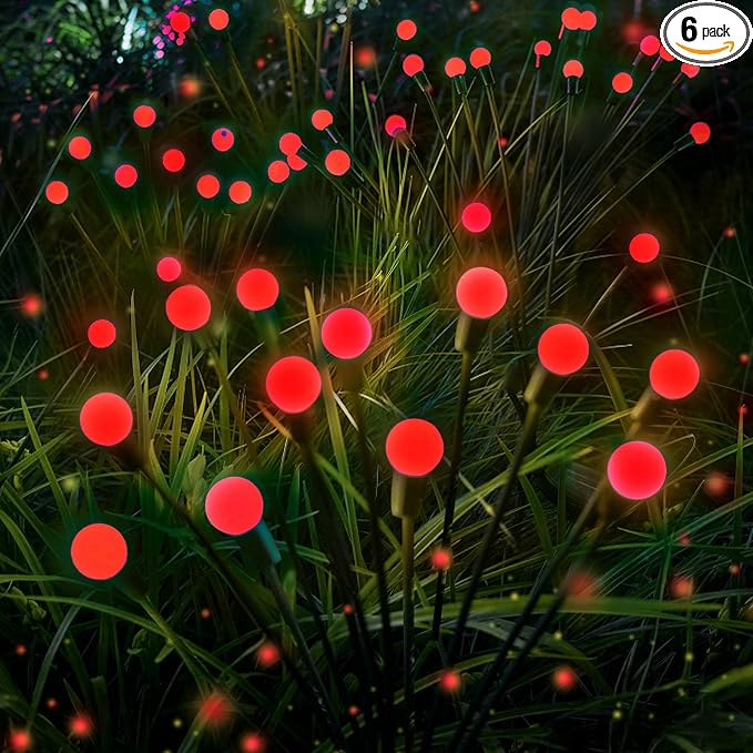 6-Pack Red Solar Outdoor Light for Garden Decorations, 48 LED Super Bright Solar Firefly Lights (Sway by Wind), New Upgraded Fairy Lights Outdoor Waterproof for Outside Pathway Patio Yard Porch(Red)