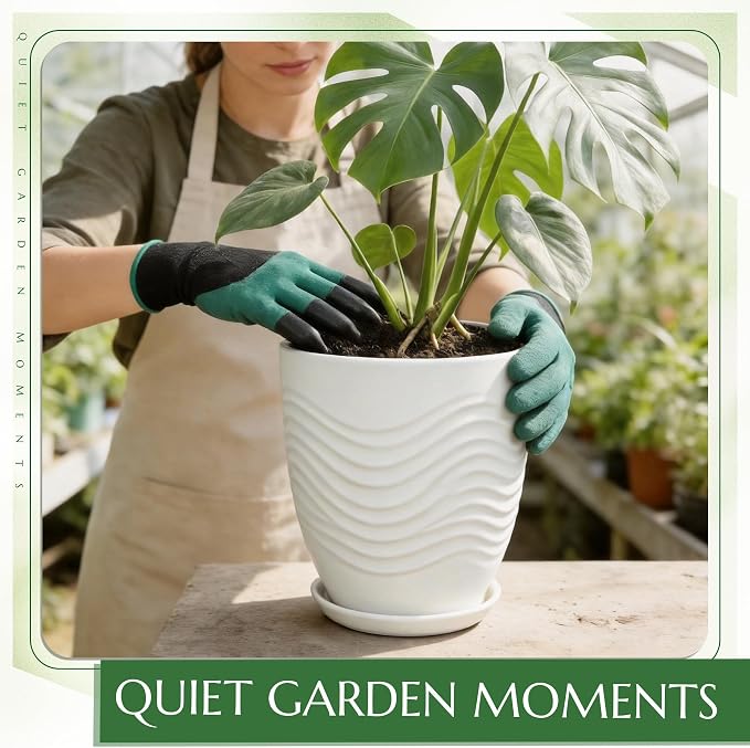 9.5 Inch Flower Pots for Indoor Plants,Ceramic Planter with Saucer Drainage Leak-Proof Mesh Gardening Gloves (Water-Ripple White)