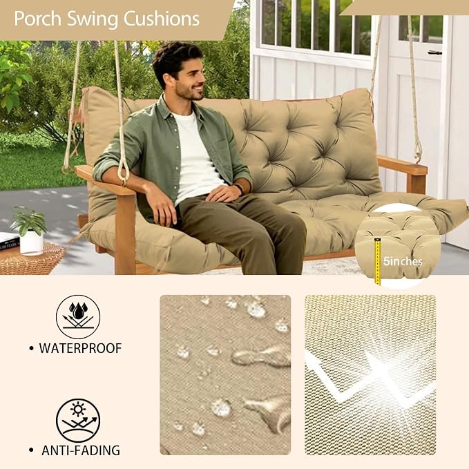 Durable Extra 5" Thick Outdoor Swing Cushions Waterproof 60 inch 3 Seater Replacement Porch Swing Cushions with Backrest Fade-Resistant for Outdoor Patio Long Bench Furniture (Khaki)